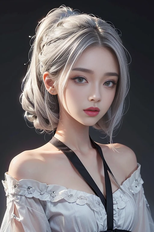 cute、woman、Hairstyle with all hair swept back、Odd Eye、Silver hair back、male、Her hair is shoulder-length、Odd Eye、male&#39;Left eye is red、male right eye blue、Increase the wide angle、Clear Eyes、White and blue magic costume、mini skirt、