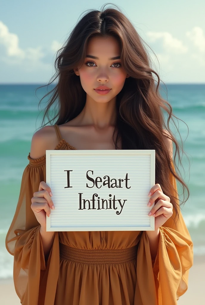 Beautiful girl with wavy long hair, bohemian dress, holding a white board with text "I Love Seaart Infinity" and showing it to the viewer
