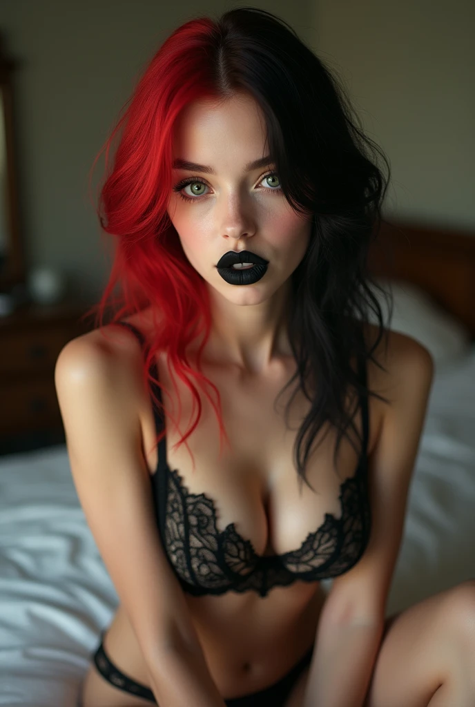 A girl with half red and half black hair, white skin and green eyes, with lace lingerie, that this is full body, sitting in bed, that the girl is sexy, who is between 20 and 25 years old and who bites his lower lip, that the lips are black, Large and firm breasts, remember the proportions of the body in general 