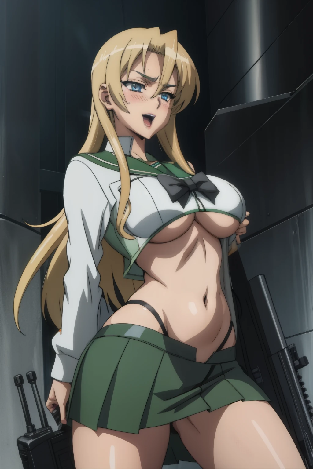 ((in the style of A-1 pictures, anime screencap)) sniper wolf bright blue eyes, solo, bossy expression, smoking a cigarette ,  long hair, blush, lipstick, jewelry, earrings, Hot girl, baddie, mean girl, sensual, attractive, masterpiece, best quality, highly detailed, a anime girls in sailor uniforms with a gun posing for a picture,
evil smile, smile, open mouth,black_serafuku, ecchi anime style, anime girls , ,
ecchi style, ecchi, shipgirls, digital anime art!!, high school girls, holding a gun, hold a gun, anime style 4
k, micro skirt, exposed belly, exposed navel, exposed midriff, holding pistol,underboob,
exposed lower belly,school, classroom, 