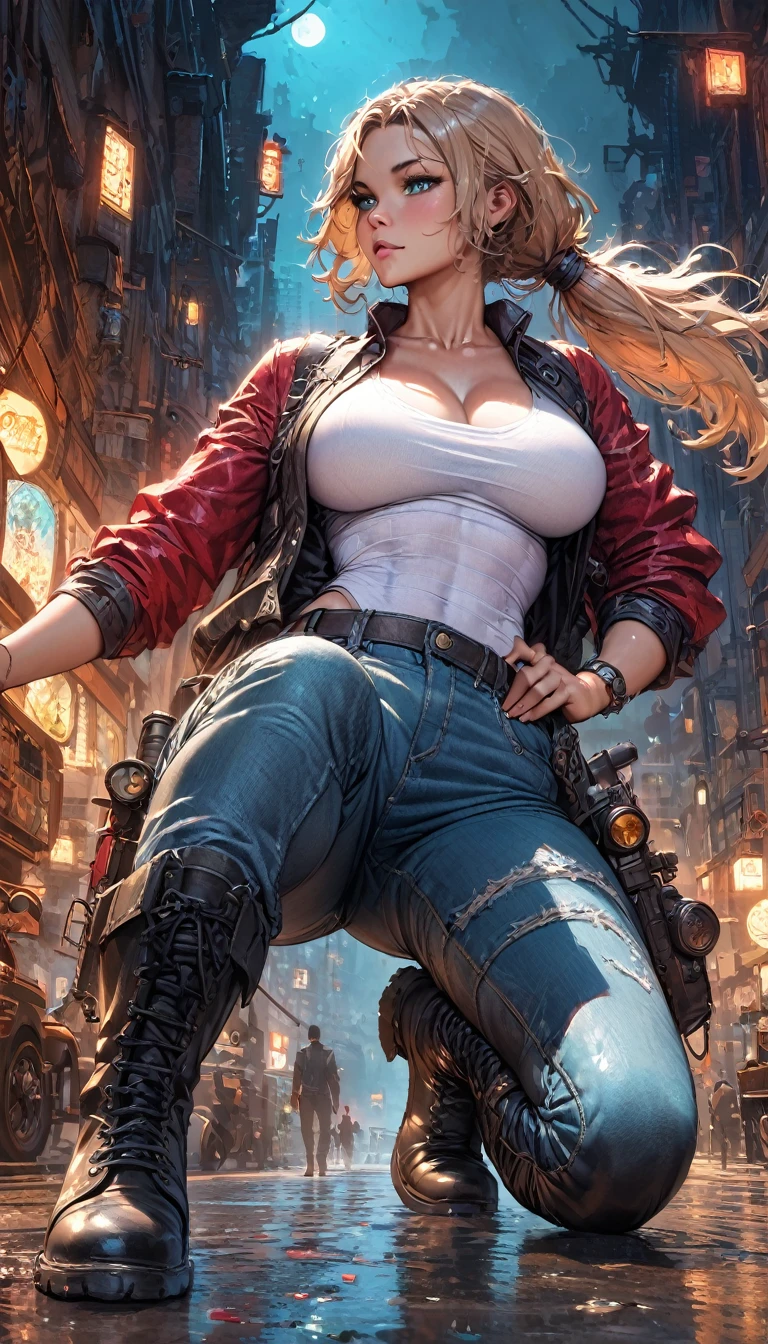 best quality,4k,8k,highres,masterpiece:1.2),ultra-detailed, extremely detailed eyes, extremely detailed body, (large masterpiece digital art), (detailed manga illustration), (detailed line art), ((perfect anatomy)), (intricate details:1.3), (ultra-detailed:1.3), (illustration:1.3), (sharp focus:1.3), (natural lighting:1.05), (vivid colors:1.3), (masterpiece), (best quality:1.4), (perfect anatomy:1.4), high quality, expressive eyes, full body, detailed face, beautiful face, perfect face, 1 girl, muscular, tall girl, large breasts, long hair, light brown hair, straight hair, low ponytail, detailed hair, ((casual clothes)), grey t-shirt, (vest), open vest, (blue pants), denim pants, pale skin, aquamarine eyes, splash art, curvy, black combat boots, cinematic lighting, dramatic atmosphere, Atey Ghailan, Jeremy Mann, Greg Manchess, Antonio Moro, trend in ArtStation, trend in CGSociety, Intricate, High Detail, Sharp focus, dramatic and photorealistic painting art by Midjourney and Greg Rutkowski, Jeff Bridges, ((cartoon style)), Marvel Cinematic Universe style, (((Night sky in the background))),