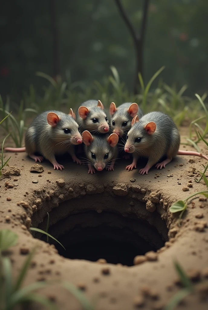 A rat family crying over ground, there's a filled pit under the ground