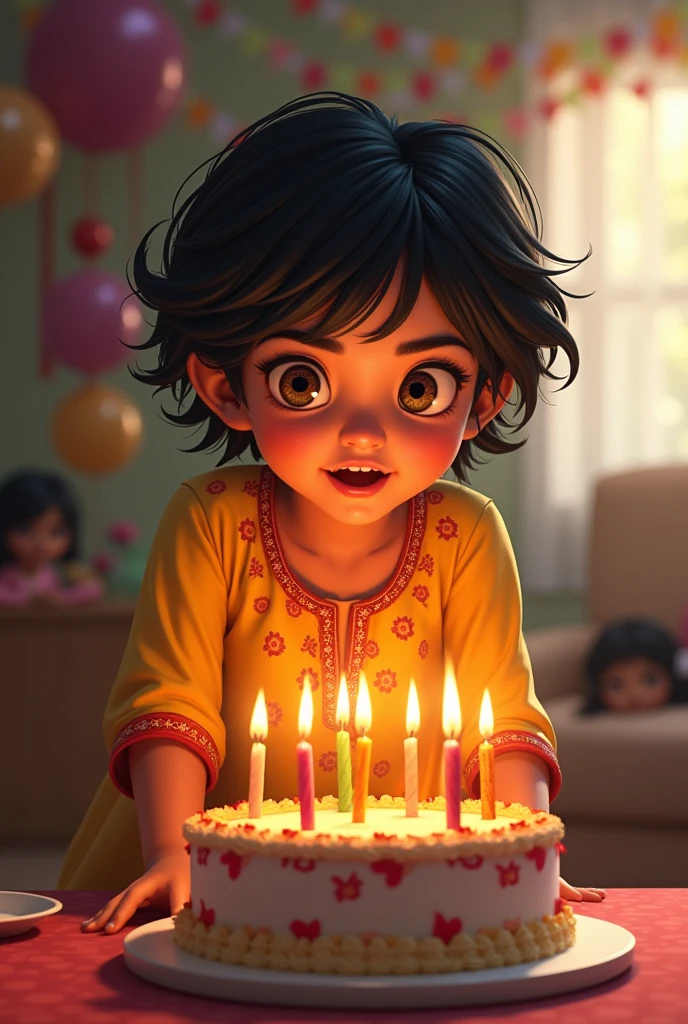 A tomboy hairstyle girl  wearing kurti Indian dress cutting cake on her birthday.