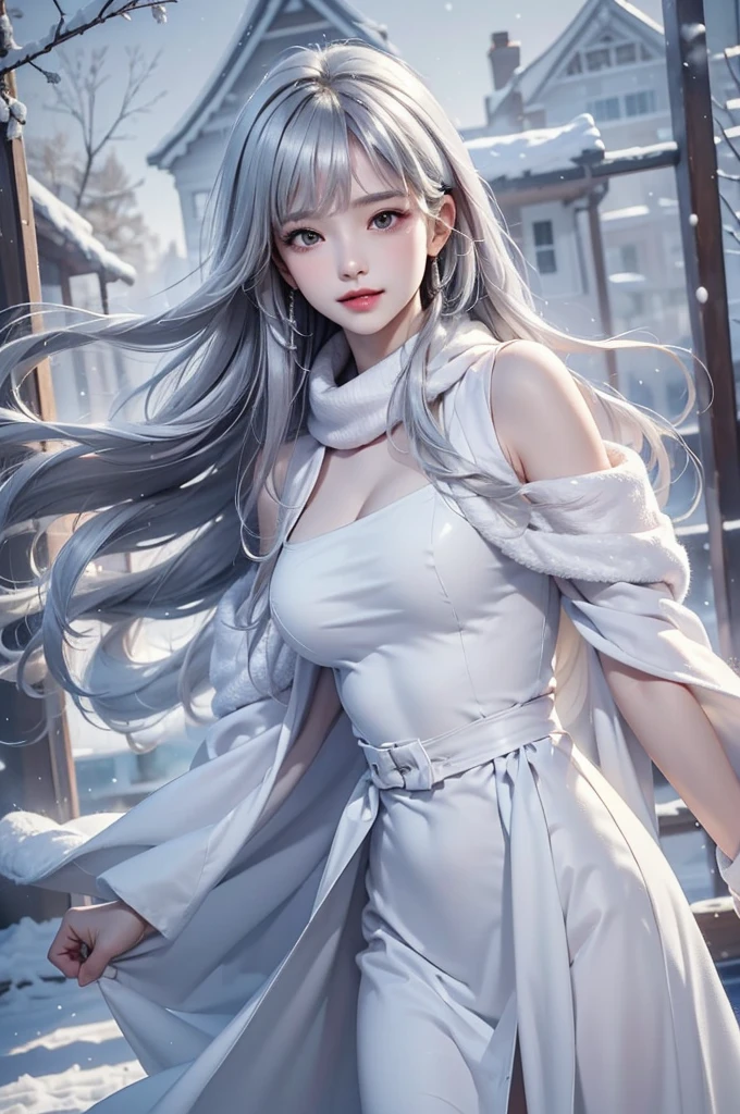 ((masterpiece:1.5、8k、Portraiture、フォトリアリスティックでVery detailedなCG、Very detailed、Particle Effects、Dynamic Effects、Shallow depth of field、Cinematic Light、Lens flare、Ray Tracing、Tabletop、Realistic:1.4、Ultra-high resolution:1.2、Realistic、Realistic))((alone、,オフショルダーのドレスの上にカシミアのcoatを着た女性:1.4、wear a long scarf、White belt、coat、Elegant woman posing、Detailed face、bright表情、young, bright, Whiter skin、small breasts、cleavage, Best Looks、Ultimate beauty、Shiny silver hair with highlights、bright and shiny hair,、Super long, Silky straight hair、Hair dancing in the wind))(morning、outdoors, winter, snow falling)
