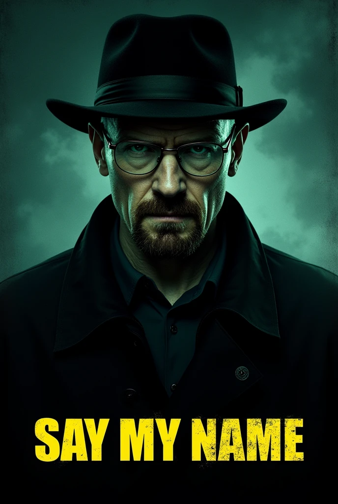 Create a cinematic poster featuring Heisenberg from Breaking Bad. The central figure should be Walter White in his iconic Heisenberg persona, wearing his black hat and glasses, with a serious, intense expression. He should be slightly off-center in the composition.The background should be dark and gritty, with smoky or grunge textures. Use a color scheme of black, deep blues, and dark greens, with subtle yellow or neon accents to capture the show's mood.At the bottom of the poster, place the text "SAY MY NAME" in large, bold, distressed letters, in a sans-serif font. The text should have a cinematic style, with slight shadow or glow effects to make it stand out against the background.