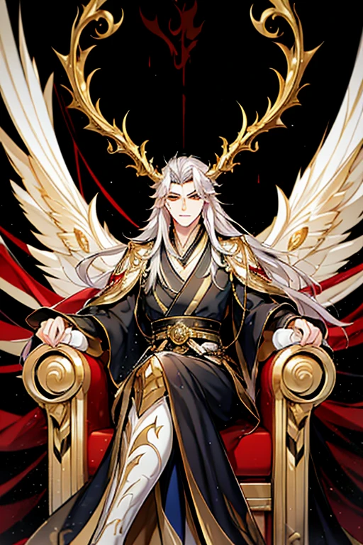 Perfect details, special details, top quality, handsome, domineering, serious, majestic, bad boy, solo, looking straight ahead, 1 male, long hair, white hair, yellow eyes, broad shoulders, well-balanced and toned body from years of training, black shirt, Hanfu with red dragon patterns and gold edges highlighting the aura of a leader, golden horns, sitting on a golden throne designed for someone above all others, behind the man is a massive painting depicting towering mountains, vast plains, and misty clouds reminiscent of a beautiful, otherworldly landscape, best quality, 16k, masterpiece, detailed face drawing, detailed eye drawing, detailed body drawing, with two arms and two legs (two arms:1.4, two legs:1.4), manhua character.