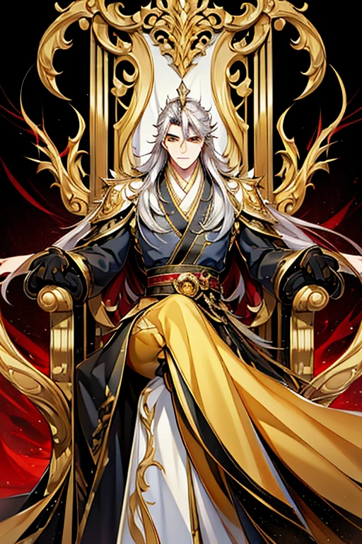 Perfect details, special details, top quality, handsome, domineering, serious, majestic, bad boy, solo, looking straight ahead, 1 male, long hair, white hair, yellow eyes, broad shoulders, well-balanced and toned body from years of training, black shirt, Hanfu with red dragon patterns and gold edges highlighting the aura of a leader, golden horns, sitting on a golden throne designed for someone above all others, behind the man is a massive painting depicting towering mountains, vast plains, and misty clouds reminiscent of a beautiful, otherworldly landscape, best quality, 16k, masterpiece, detailed face drawing, detailed eye drawing, detailed body drawing, with two arms and two legs (two arms:1.4, two legs:1.4), manhua character.