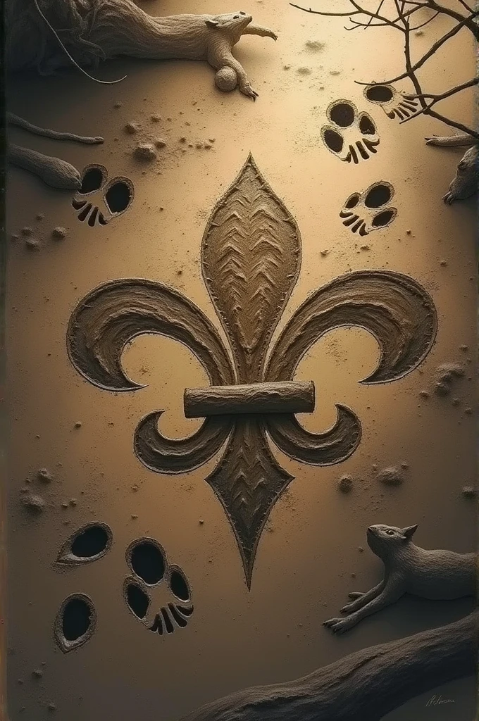 Several wolf tracks marked in the mud and in the center of the image a fleur-de-lis marked in mud. digital drawing