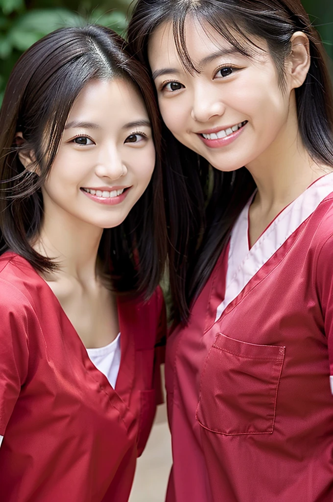 Dental hygienist, two women, smiling, wearing light red medical scrubs, short sleeves, Japanese, black hair, women in their early 20s　Upper body close-up　high resolution　Highest quality　　Shooting outside　No accessories included　Harmony々