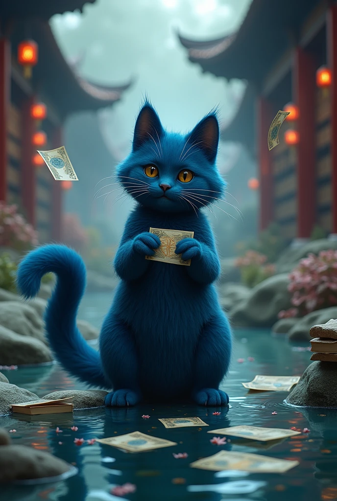 Dark blue cat spending money. Dark blue cat spending money. Chinese style background. There is a library and stacks of books. There are banknotes floating on the river.