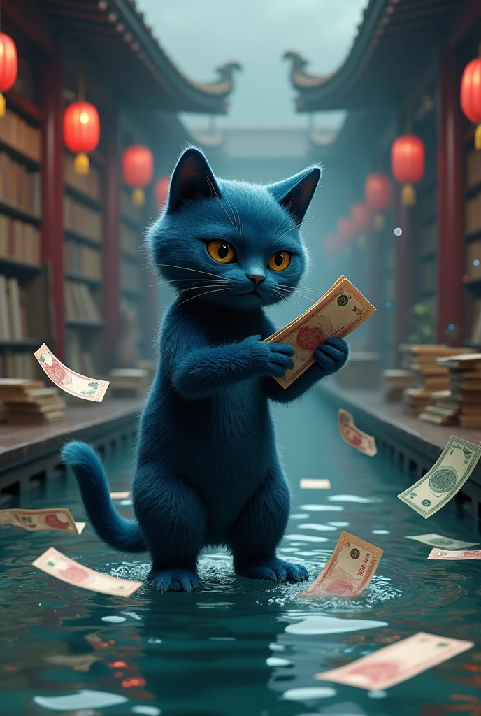 Dark blue cat spending money. Dark blue cat spending money. Chinese style background. There is a library and stacks of books. There are banknotes floating on the river.