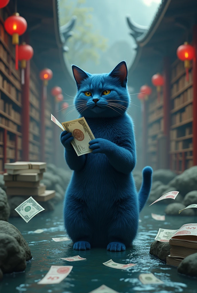 Dark blue cat spending money. Dark blue cat spending money. Chinese style background. There is a library and stacks of books. There are banknotes floating on the river.