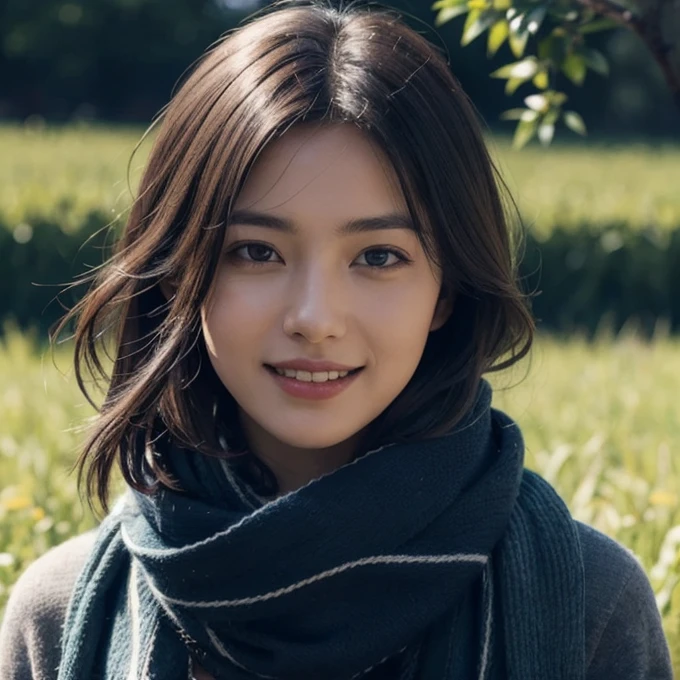 8k, best quality, masterpiece, realistic, ultra detail, photo realistic, Increase quality, 1girl,
a photo of a girl standing in a field with a scarf, in the style of dark and brooding designer, voluminous mass, photobash, serene faces, jagged edges, navy, natural beauty, close-up shot, smiling,