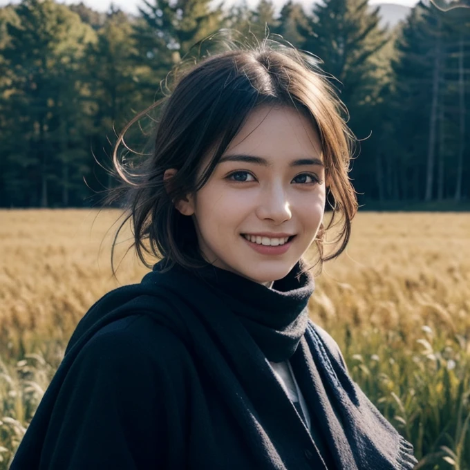8k, best quality, masterpiece, realistic, ultra detail, photo realistic, Increase quality, 1girl,
a photo of a girl standing in a field with a scarf, in the style of dark and brooding designer, voluminous mass, photobash, serene faces, jagged edges, navy, natural beauty, close-up shot, smiling,