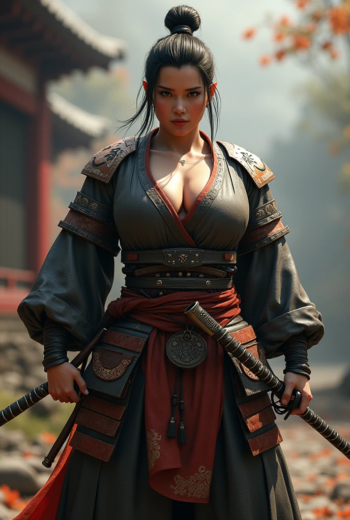 Make 40years old naked muscled  female samurai 
Please make her more muscular 
Make her wider shoulders and bigger bosom 
Make her more heavy muscle arms 
Change her face to oshima yuko’s face