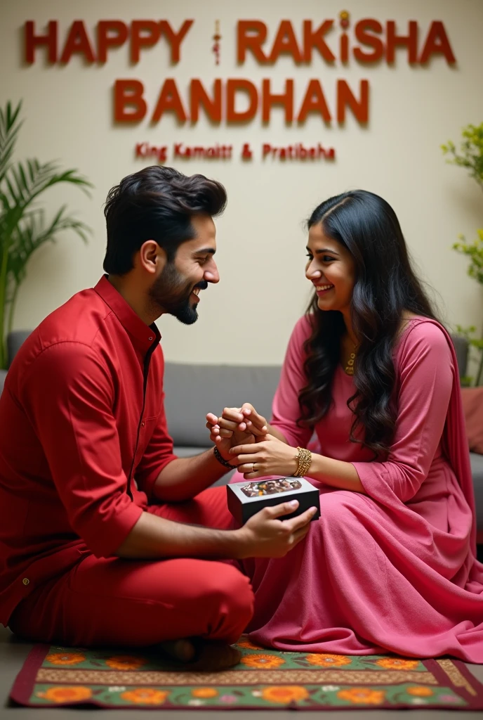 Raksha bandhan photo
A real 30 year old  Cute boy and 20 years girl are sitting face to 2ace on a colorful mat in the home lobby, the boy has extended one of his hands to give some money on her hand, And Girl tying Rakhi on brother's hand. boy is wearing a Red colored kurta And the girl is wearing a Pink Lehanga, boy has a Chocolate Box in his other hand, is smiling, boy has applied tilak on his forehead, and on the wall in bold letters "HAPPY RAKSHA BANDHAN" and also "King kamat & Pratibha " It is written, 4k image