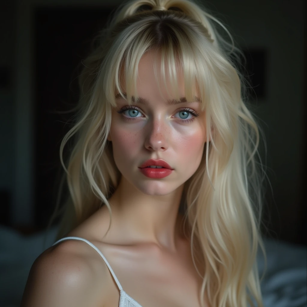 (a full body :1.4)、(RAW shooting:1.2)、(Photorealsitic:1.4)、(​masterpiece:1.3)、(top-quality:1.4)、bright expression、extremely beautyful girl、Extraordinary beautiful girl、Detailed cute and beautiful face、Beautiful bangs、Glowing white shiny skin、facial hairs、Bangs that extend to the face、Bangs between the eyes、Super long blonde hair、Attractive light and dark platinum blonde super long straight silky hainer hair、Attractive glowing beautiful bright clear light blue big eyes、Double eyelids、Lush bust, (cozy night bedroom) , full complete well proportioned body, reluctant look, makeup, [background], proud woman, innocent and sexy, Bare arms, Exposing shoulders, Bare neck, white Sundress, ((See-through dress)), medium ponytail blonde hair , ((beautiful big light blue naive eyes)), ((big full red pucky lips)), ((fine little sensual nose)), some freckles, narrow long neck, femenine narrow shoulders, full breasts, thin chin,tight slim body, defined and toned belly, slutty, narrow waist, sexy hips,, alternative vibe,composition , dynamic open angle, dark lighting, high contrast,dramatic shadows,highly detailed, detailed skin, detailed lips.