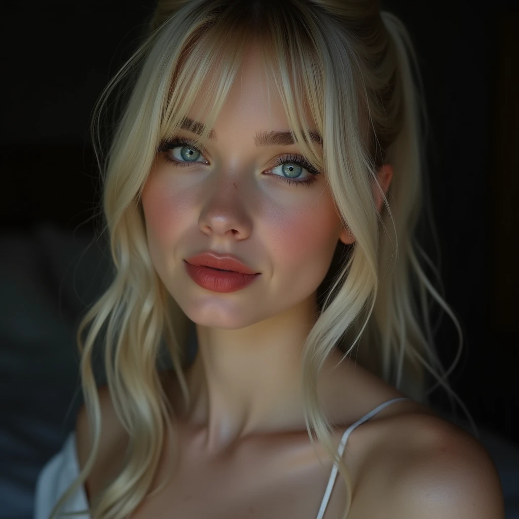 (a full body :1.4)、(RAW shooting:1.2)、(Photorealsitic:1.4)、(​masterpiece:1.3)、(top-quality:1.4)、bright expression、extremely beautyful girl、Extraordinary beautiful girl、Detailed cute and beautiful face、Beautiful bangs、Glowing white shiny skin、facial hairs、Bangs that extend to the face、Bangs between the eyes、Super long blonde hair、Attractive light and dark platinum blonde super long straight silky hainer hair、Attractive glowing beautiful bright clear light blue big eyes、Double eyelids、Lush bust, (cozy night bedroom) , full complete well proportioned body, reluctant look, makeup, [background], proud woman, innocent and sexy, Bare arms, Exposing shoulders, Bare neck, white Sundress, ((See-through dress)), medium ponytail blonde hair , ((beautiful big light blue naive eyes)), ((big full red pucky lips)), ((fine little sensual nose)), some freckles, narrow long neck, femenine narrow shoulders, full breasts, thin chin,tight slim body, defined and toned belly, slutty, narrow waist, sexy hips,, alternative vibe,composition , dynamic open angle, dark lighting, high contrast,dramatic shadows,highly detailed, detailed skin, detailed lips.