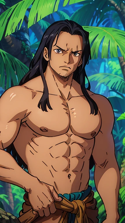 (1man, sking,ytarzan), (extremely detailed CG unit 8k wallpaper),(master part), (best quality), (ultra detail), (best illustration),(One Piece Style), cowboy shot, (Sharp eyeliner, ombre, detailed eyes:1), exotic jungle background, break , upper body, 