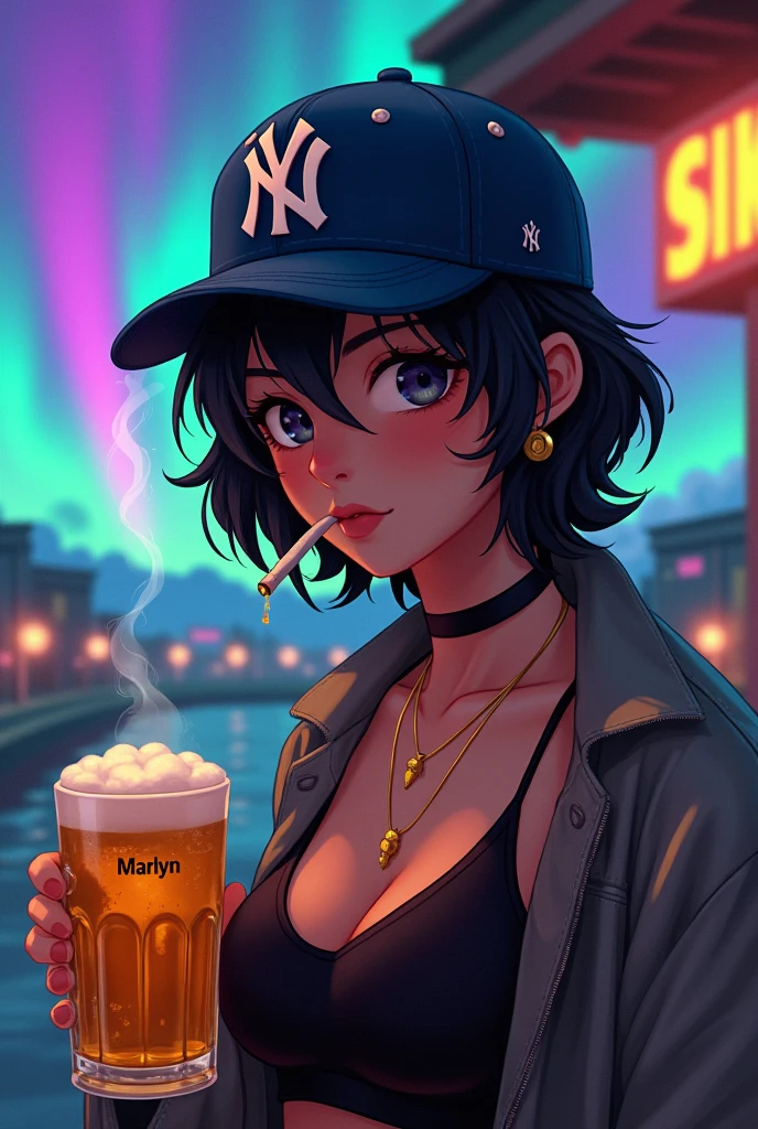 A slightly fat tomboy girl with a Yankees cap and jacket sitting in a bar drinking a bottle of tequila called El CHARRO with a cigar in her mouth like a drunk, pensive, sad face looking at me