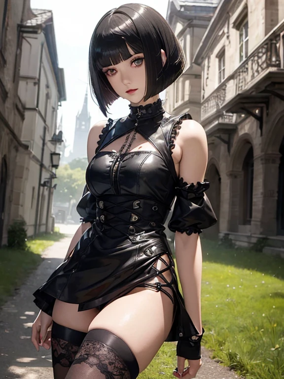(((Top Quality: 1.4))),(Unparalleled Masterpiece), (Ultra High Definition),(Ultra-Realistic 8k CG),art by Luis Royo,18-year-old gothic punk girl, detailed cute face, black hair, gothic punk fashion, highly detailed gothic fashion, shot skirt, heavy make up,(Tattoos on the arms only),(dark red lipstick), size, London mansion background, Backlight effect, lens flare, depth of fields, blurry backround,Detailedface,1 girl,  Detailed eyes, (bob cut hair:1.5), hair bangs,(thigh up shot image :1.5),