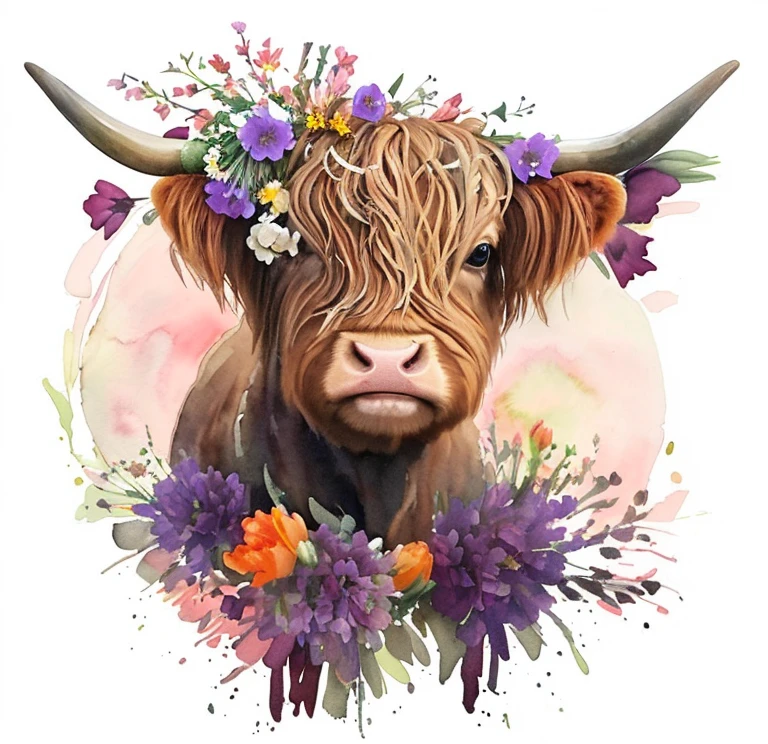 Highland cattle and tulip flowers,Spring watercolor painting,There is a cow with flowers and a wreath on its head