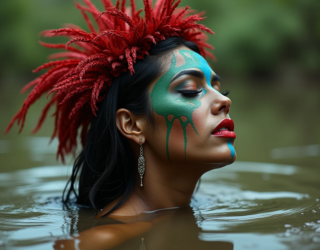 extremely detailed woman head,is victim of ritual, drowned below muddy bog, fashion photoshoot posing, sexy posing, provocative photoshoot, headdress,traditional indigenous makeup. red, green, blue, side view, from afar