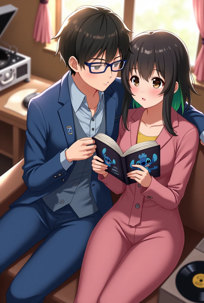 an anime couple, the boy who is listening to music, with black hair and blue frame colored glasses, and with brown eyes, with a blue Stitch suit and the girl reading next to him, with black hair and green highlights, The girl's hair is short in front and long in back, with dark brown eyes, with a pink sdtich suit, Next to them there should be a record player and a vinyl record