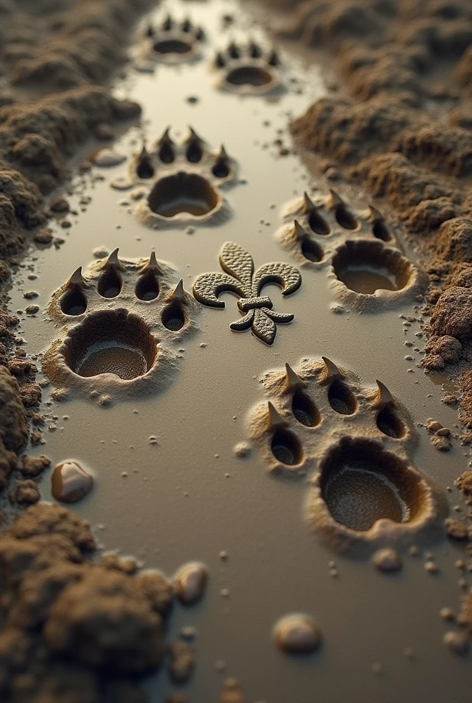 Several wolf tracks marked in the mud and in the center of the image a fleur-de-lis marked in mud. digital drawing 