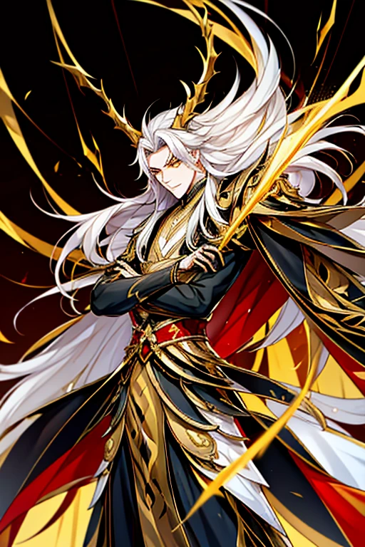 Handsome, solo, 1 male, long hair, white hair , yellow eyes, black shirt, black suit, Hanfu with red dragon patterns and gold edges highlighting the aura of a leader, golden horns, best quality, 16k, masterpiece, detailed face drawing, with two arms and two legs, manhua character.