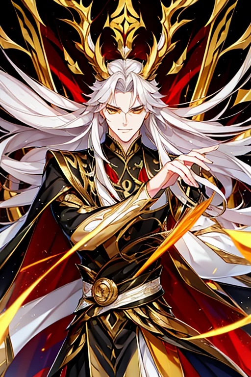 Handsome, solo, 1 male, long hair, white hair , yellow eyes, black shirt, black suit, Hanfu with red dragon patterns and gold edges highlighting the aura of a leader, golden horns, best quality, 16k, masterpiece, detailed face drawing, with two arms and two legs, manhua character.
