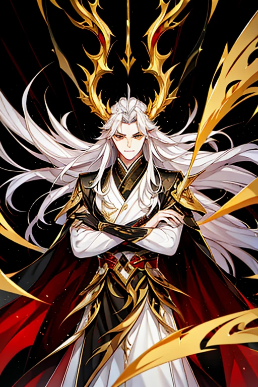 Handsome, solo, 1 male, long hair, white hair , yellow eyes, black shirt, black suit, Hanfu with red dragon patterns and gold edges highlighting the aura of a leader, golden horns, best quality, 16k, masterpiece, detailed face drawing, with two arms and two legs, manhua character.
