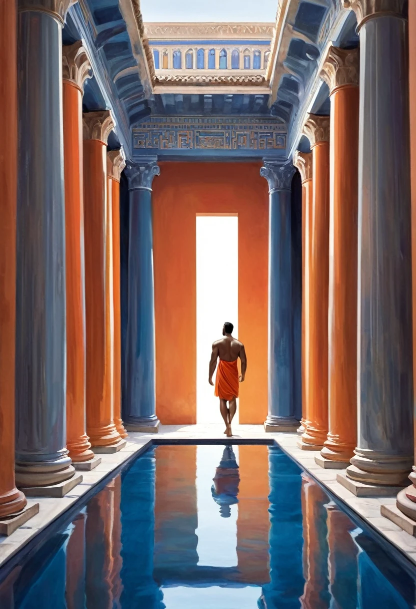 Create an image with the characteristics defined in the tag and avoid using the characteristics defined in the tag.
Show a scene where a muscular male figure, seen from behind, walks towards an open portal. The figure is wearing a reddish-orange tunic, shirtless, and is positioned at the center of a majestic corridor of intense orange-colored columns. The columns are tall and robust, with classical architectural details in the capitals and bases. The upper part of the corridor features an entablature decorated with intricate details, including a sculpted figure above the portal.
The corridor is reflected in a rectangular pool of serene, deep blue water occupying the foreground of the image. The water sharply reflects the figure and the columns, creating an effect of symmetry and depth. The sky in the background is a vibrant, clear blue with no clouds, contrasting with the structure and highlighting the scene. The lighting is natural and bright, casting soft shadows and enhancing the warm colors of the columns and the tunic. The composition should have a realistic style, with a focus on symmetry and linear perspective, creating a sense of grandeur and serenity. Do not include any other characters, modern elements, vegetation, or objects outside the context of classical architecture. Avoid overly dark or shadowed details, as well as faded or grayish colors.