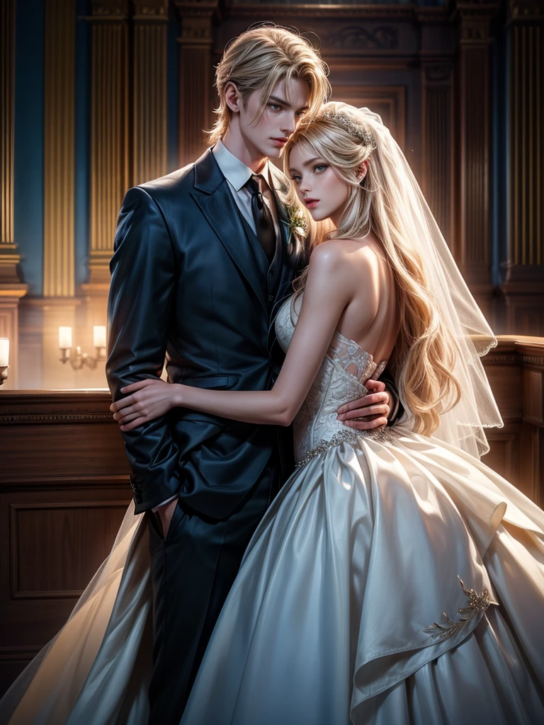 A tall, handsome, courageous young man dressed in a light wedding suit, tanned skin, long white hair, blue eyes holds in his arms an incredibly beautiful fatal bride with long golden hair, long bangs, blue eyes, in an elegant wedding dress. They are in love, they are happy. Masterpiece, perfect drawing, realistic drawing, full-length drawing, 8k. full-length image, realistic image, detailed image. an extremely detailed illustration, a real masterpiece, of the highest quality, with careful drawing.