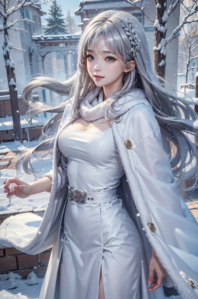 ((masterpiece:1.5、8k、Portraiture、フォトリアリスティックでVery detailedなCG、Very detailed、Particle Effects、Dynamic Effects、Shallow depth of field、Cinematic Light、Lens flare、Ray Tracing、Tabletop、Realistic:1.4、Ultra-high resolution:1.2、Realistic、Realistic))((alone、,オフショルダーのドレスの上にカシミアのcoatを着た女性:1.4、wear a long scarf、White belt、coat、Elegant woman posing、Detailed face、bright表情、young, bright, Whiter skin、small breasts、cleavage, Best Looks、Ultimate beauty、Shiny silver hair with highlights、bright and shiny hair,、Super long, Silky straight hair、Hair dancing in the wind))(morning、outdoors, winter, snow falling)
