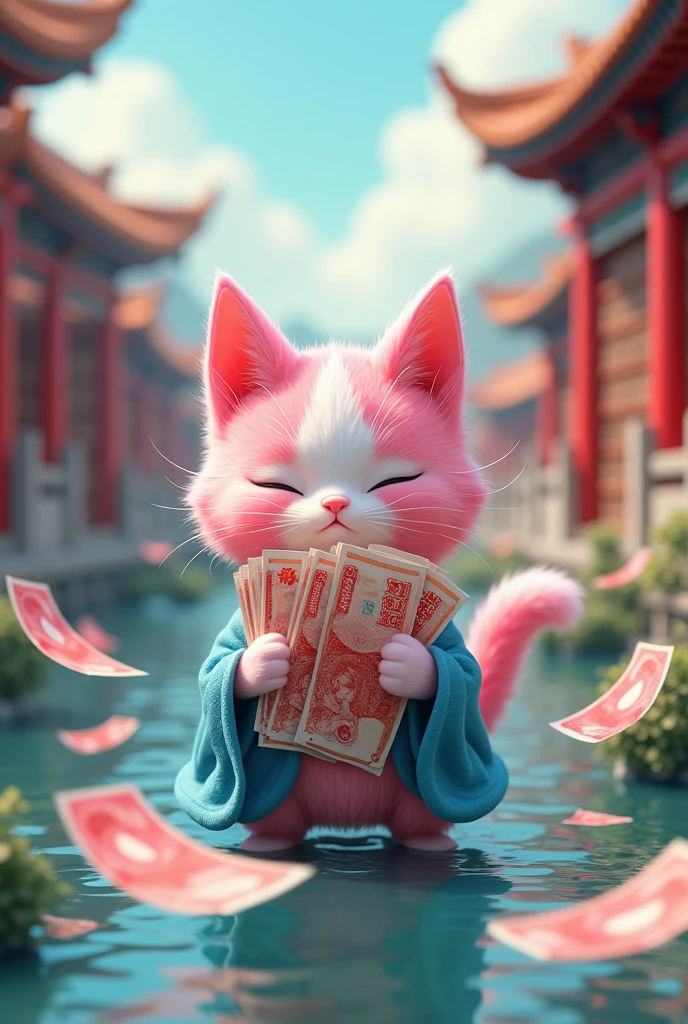 Pink blue cat spending money. Pink blue cat spending money. Chinese style background. There is a library and stacks of books on the river. There are banknotes floating on the river.