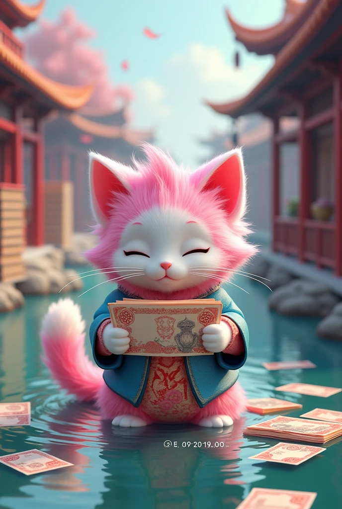 Pink blue cat spending money. Pink blue cat spending money. Chinese style background. There is a library and stacks of books on the river. There are banknotes floating on the river.