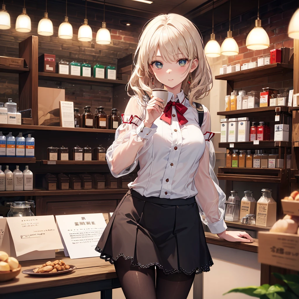 CG, Unity, 8k, wallpaper, Highest quality, masterpiece, Lovely lady, 18-year-old, white髪, whiteい肌, break, (pantyhose:1.3), (Realistic:1.2), Best lighting, Complex pupil, Intricate weaving, Detailed Background,Barista,(Pharmacist:1.1),Coffee bean pattern blouse、green、white、Red mini skirt、Transparent sleeves