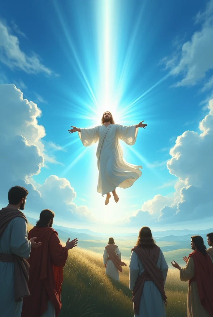 Jesus ascensing to heaven and his disciples.watching 