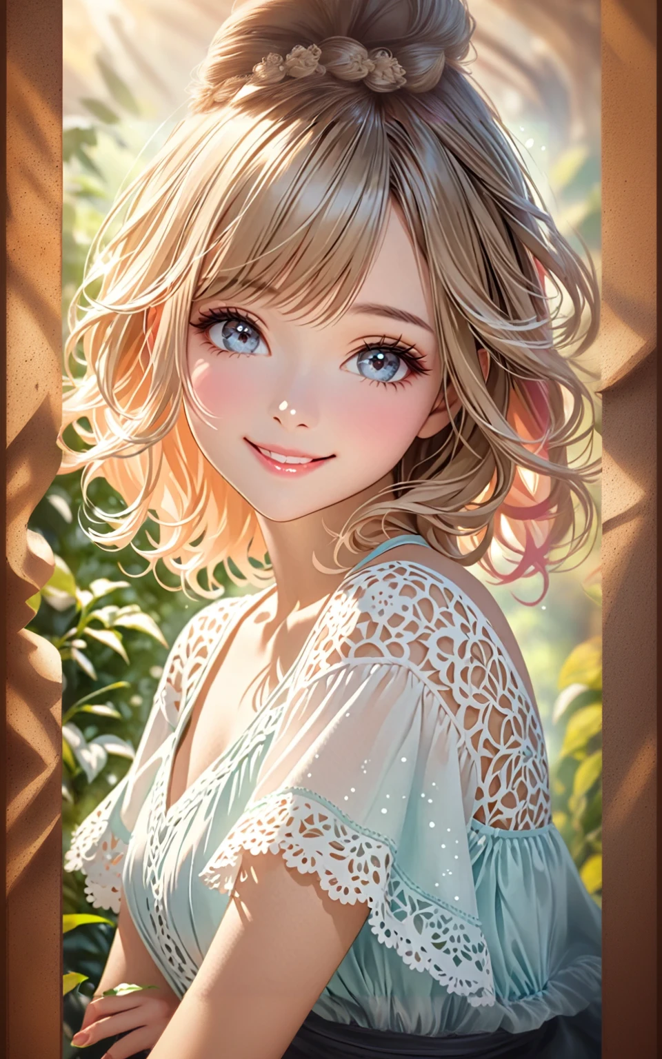 Cute beautiful woman, smile, shy, light makeup, great proportion, Gentle background color scheme, Soft, fluffy and calming effect, Shading Effects, Gradient Magic Effect, (Super detailed, The absolute solution, Highest quality:1.3), 2.5D, delicate and dynamic, Artistic photography, Ultra-realistic, Graphics CG Digital Art