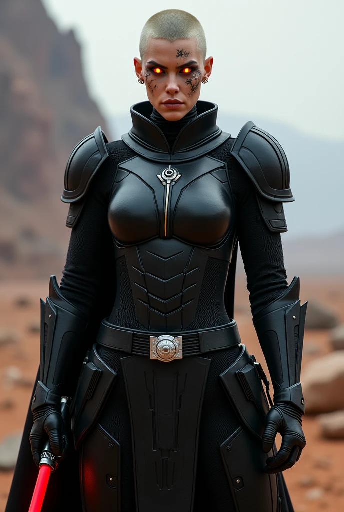 Female sith, buzzcut, black full body armor, standing, frontal, facial scars, red and yellow eyes, scifi helmet