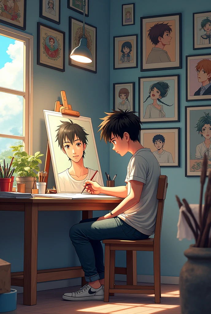  boy 18 years old  in art studio  and wall on anime art freams
