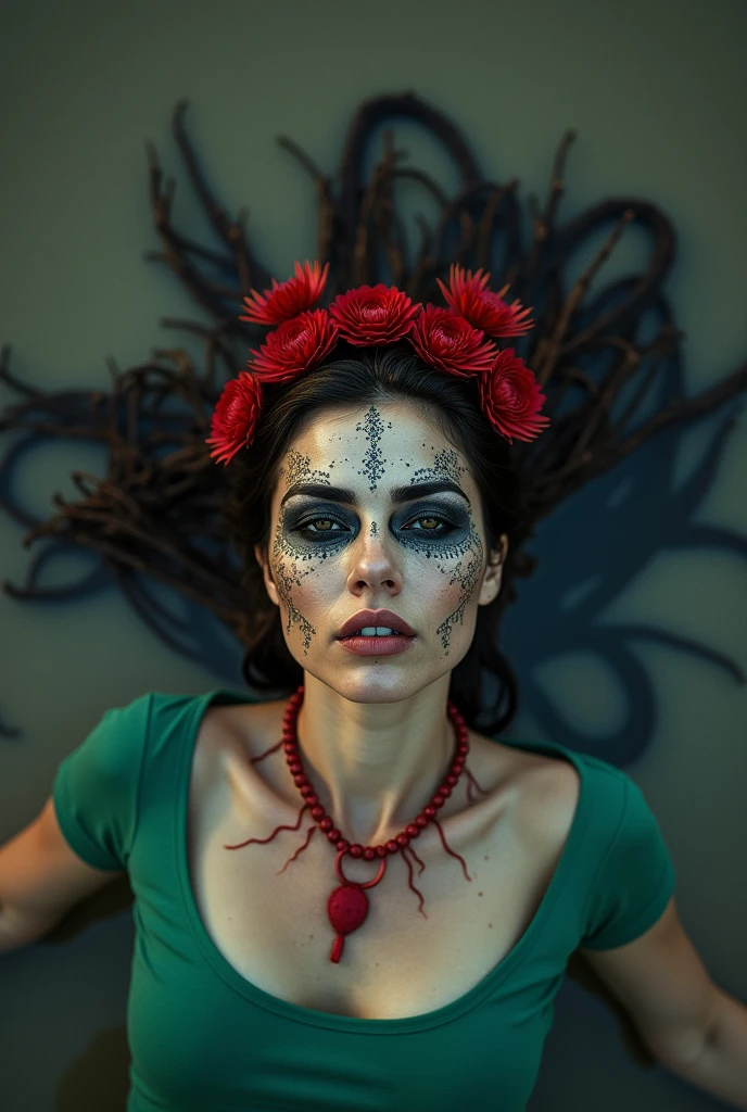 extremely detailed woman head, in t-shirt,is victim of ritual, drowned below muddy bog, fashion photoshoot posing,gloomy orgasm, sexy posing, provocative photoshoot, headdress,traditional indigenous makeup. red, green, blue, above view, from afar