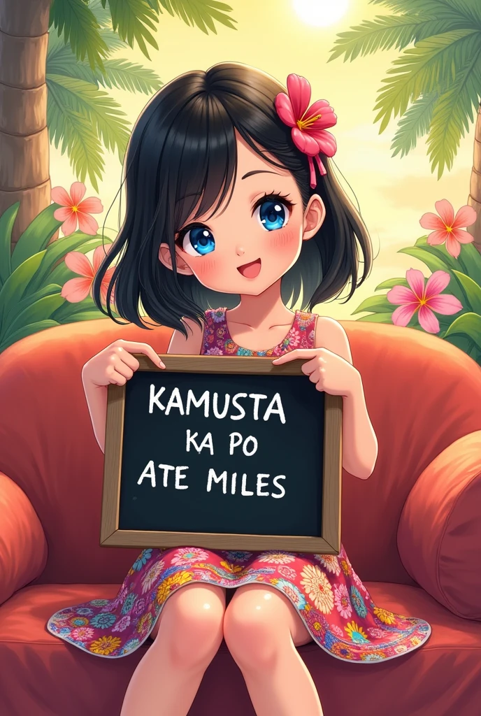 A delightful anime illustration of a Chinese girl with shiny black hair and bright blue eyes. She is adorned in avibrant dress with a unique pattern, holding a chalkboard with the phrase "KAMUSTA KA PO ATE MILES" written in white chalk. The girl is smiling playfully while pointing at her chalkboard sitting comfortably on a couch . The background is filled with colorful flowers and a warm, sunlit sky, creating a cheerful and inviting atmosphere coconut trees




