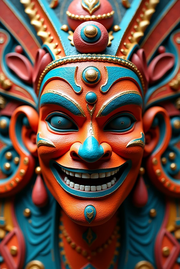 A warrior culture mask that is cheerful and has pretty colors