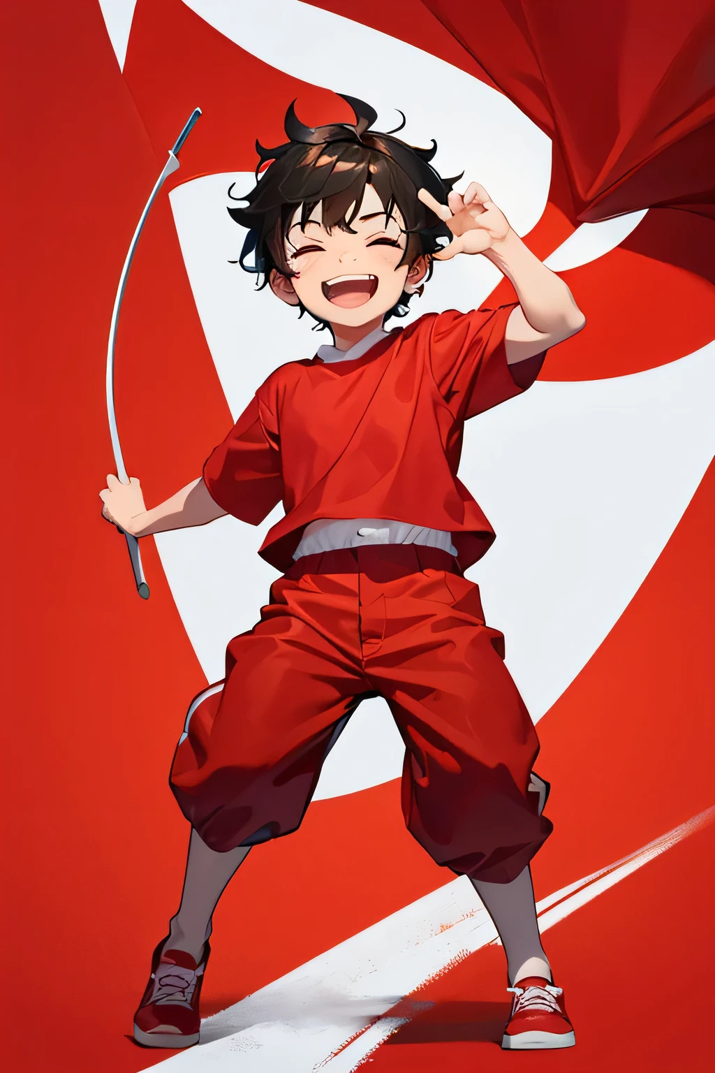 A kid laughing excitedly, wearing a red shirt, wearing white pants, holding an Indonesian flag, full body capture