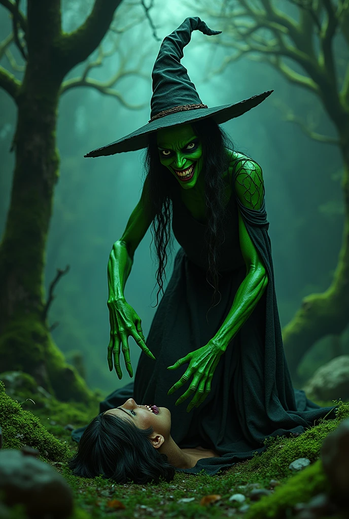 Witch, green skin, bare feet tickle torture