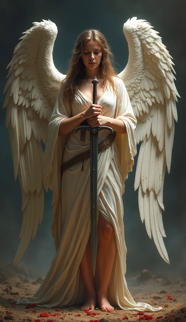 Angel,Holding the holy sword in both hands,Wings with blood,Battle damage,Injuried,feather,battlefield,Dim background