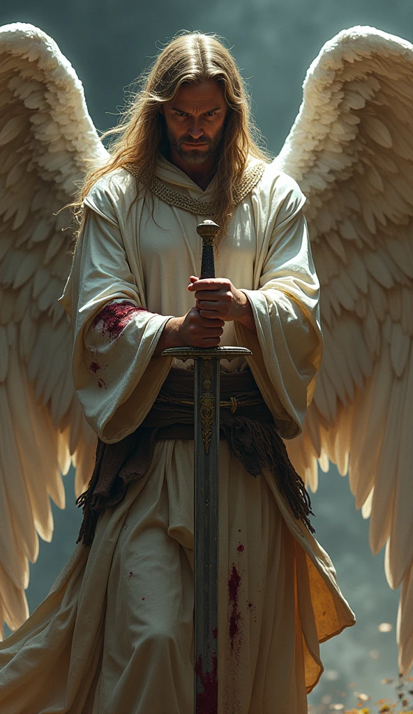 Angel，Holding the holy sword in both hands，Wings with blood，Battle damage，Injuried，feather，battlefield，Dim background