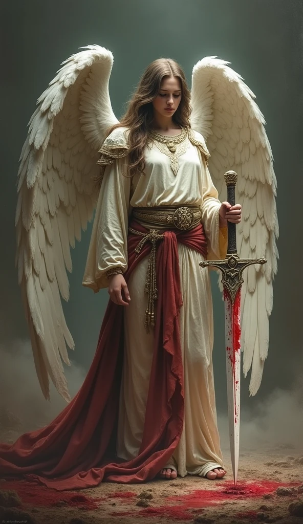 Angel,Holding the holy sword in both hands,Wings with blood,Battle damage,Injuried,feather,battlefield,Dim background